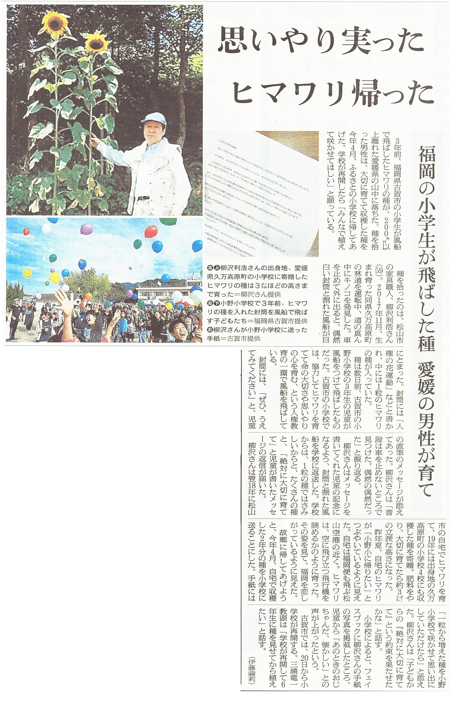 福岡県古賀市立小野小学校「風船ひまわり」の話題が新聞に掲載されました。